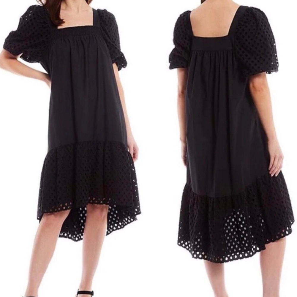 Gibson & Latimer Eyelet Panel Square Neck High-Low Short Teardrop Sleeve Dress